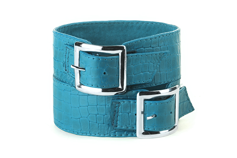Turquoise blue women's calf bracelets, to wear over boots. Front view - Florence KOOIJMAN